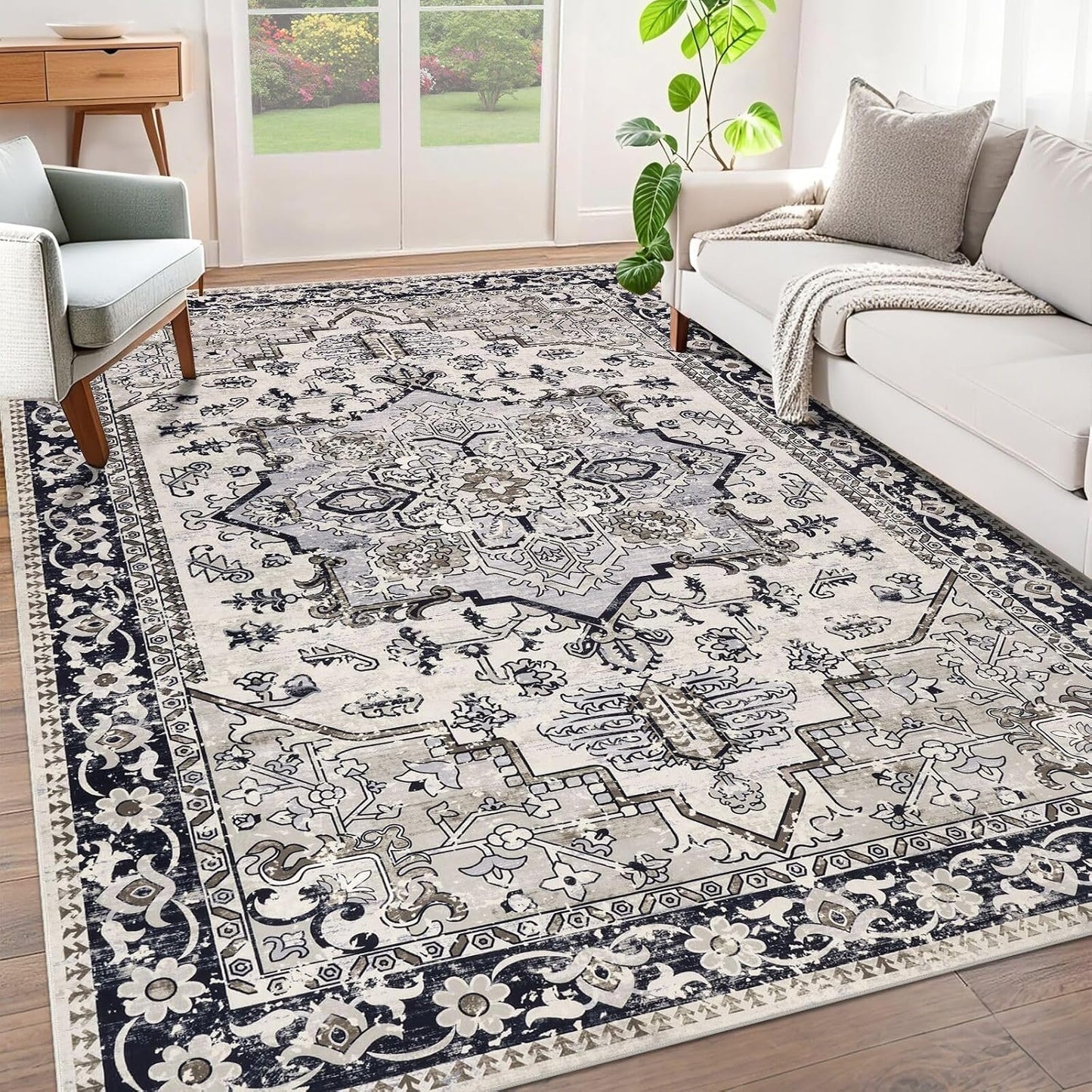 HEBE Washable Area Rug 5'x7', Non Slip Boho Rugs for Bedroom