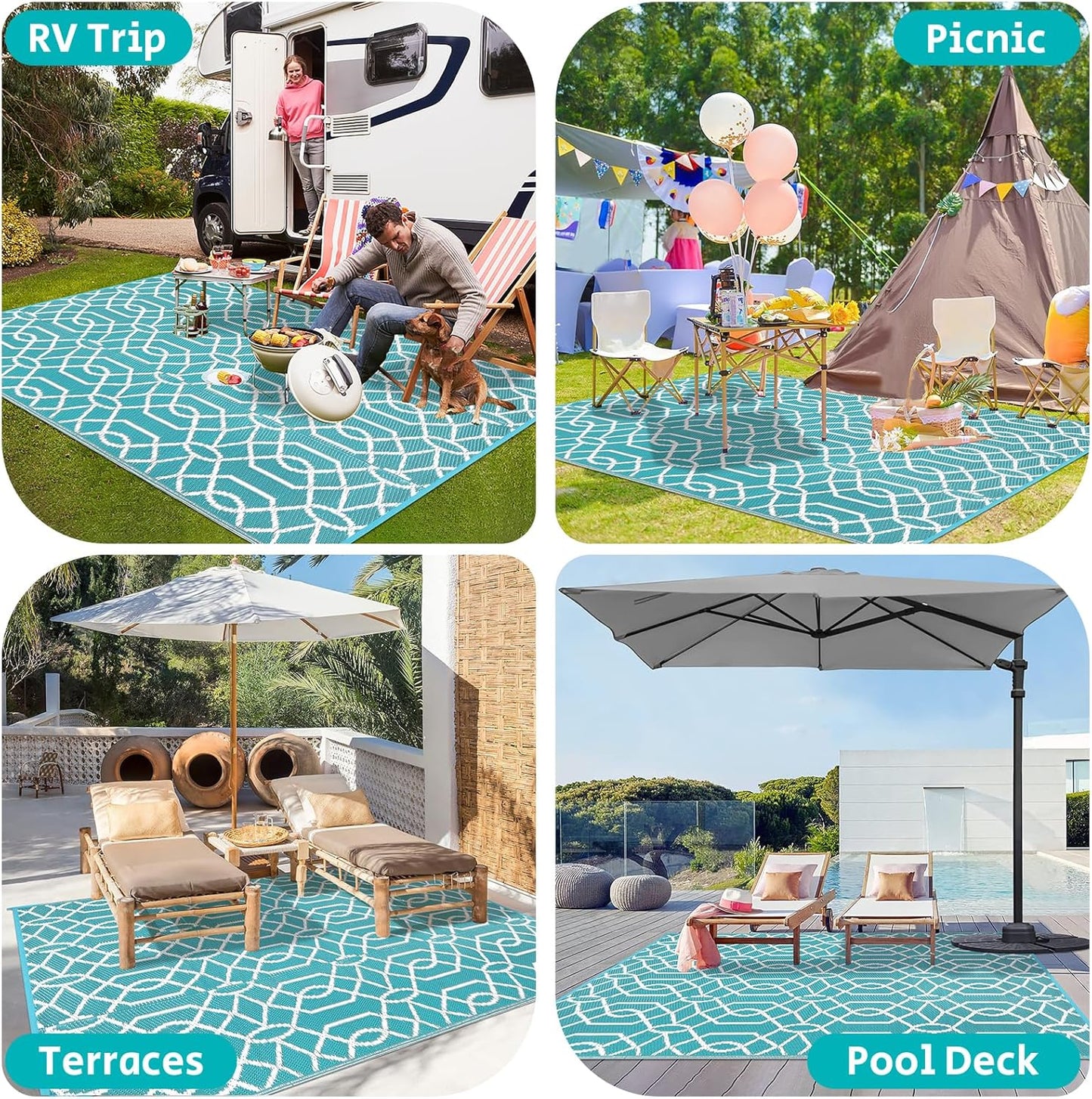 HEBE Waterproof Reversible Outdoor Rug for RV Camping Porch Deck Balcony Backyard Picnic