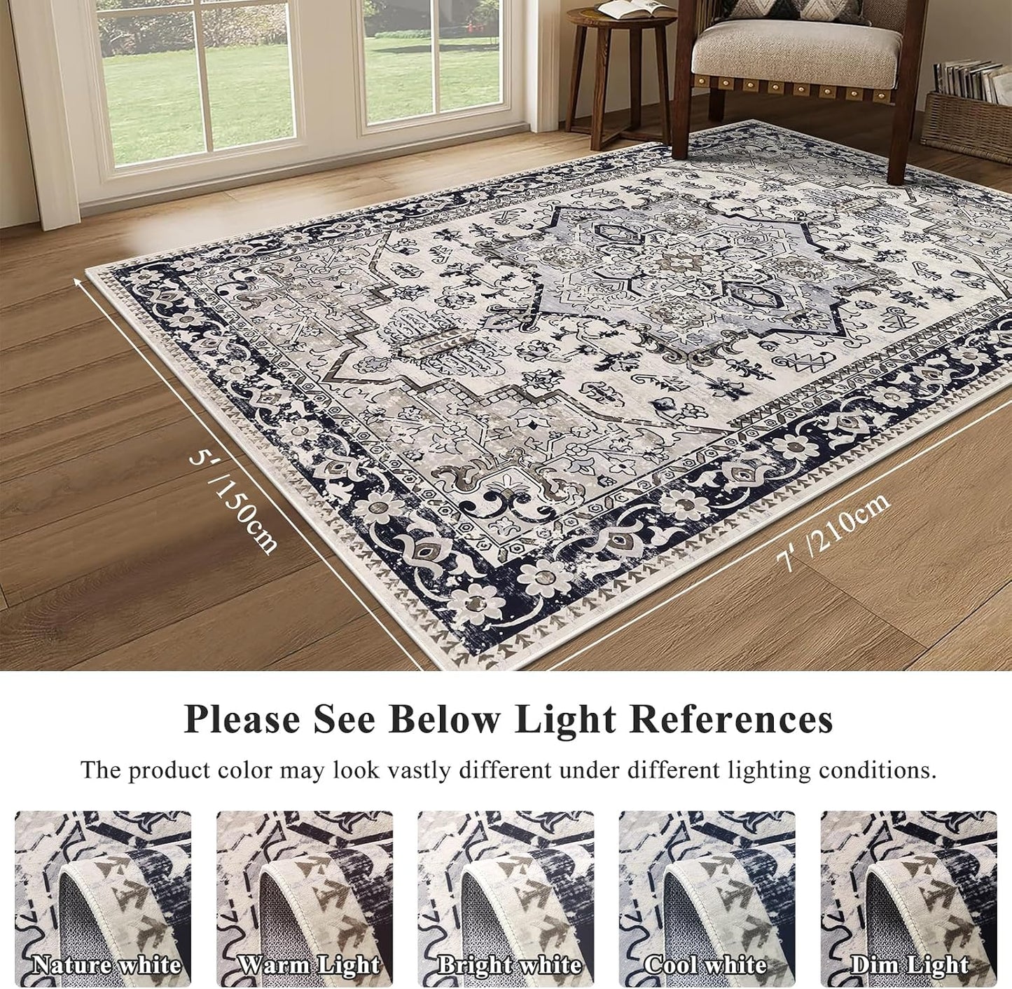 HEBE Washable Area Rug 5'x7', Non Slip Boho Rugs for Bedroom