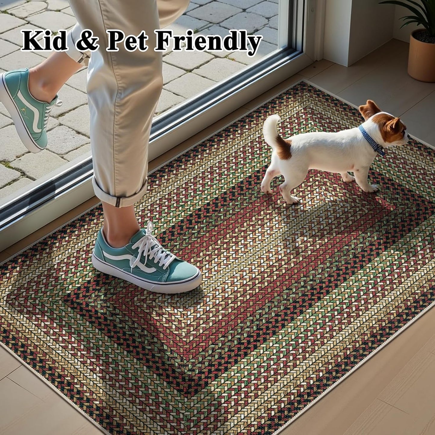 HEBE Faux Braided Area Rug Washable Farmhouse, No-Shed Non-Slip Woven Carpet, Pet Friendly Stain Resistant Jute Style Rug for Kitchen Bedroom Bathroom Entryway