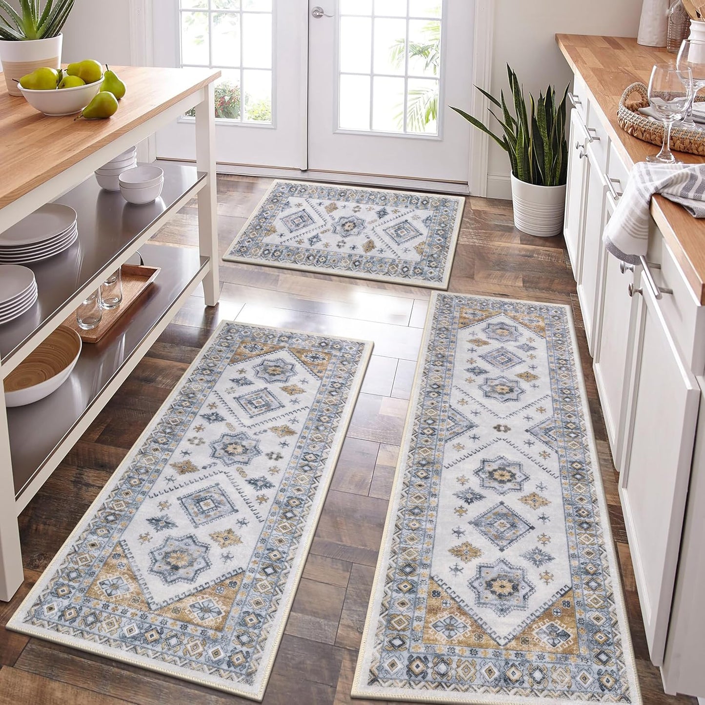 Boho Kitchen Rug Sets 3 Piece with Runner Non Slip Kitchen Rugs and Mats Washable Kitchen Mats for Floor Thick Kitchen Floor Mat Carpet Runner Rugs for Hallway Laundry Holiday Decor