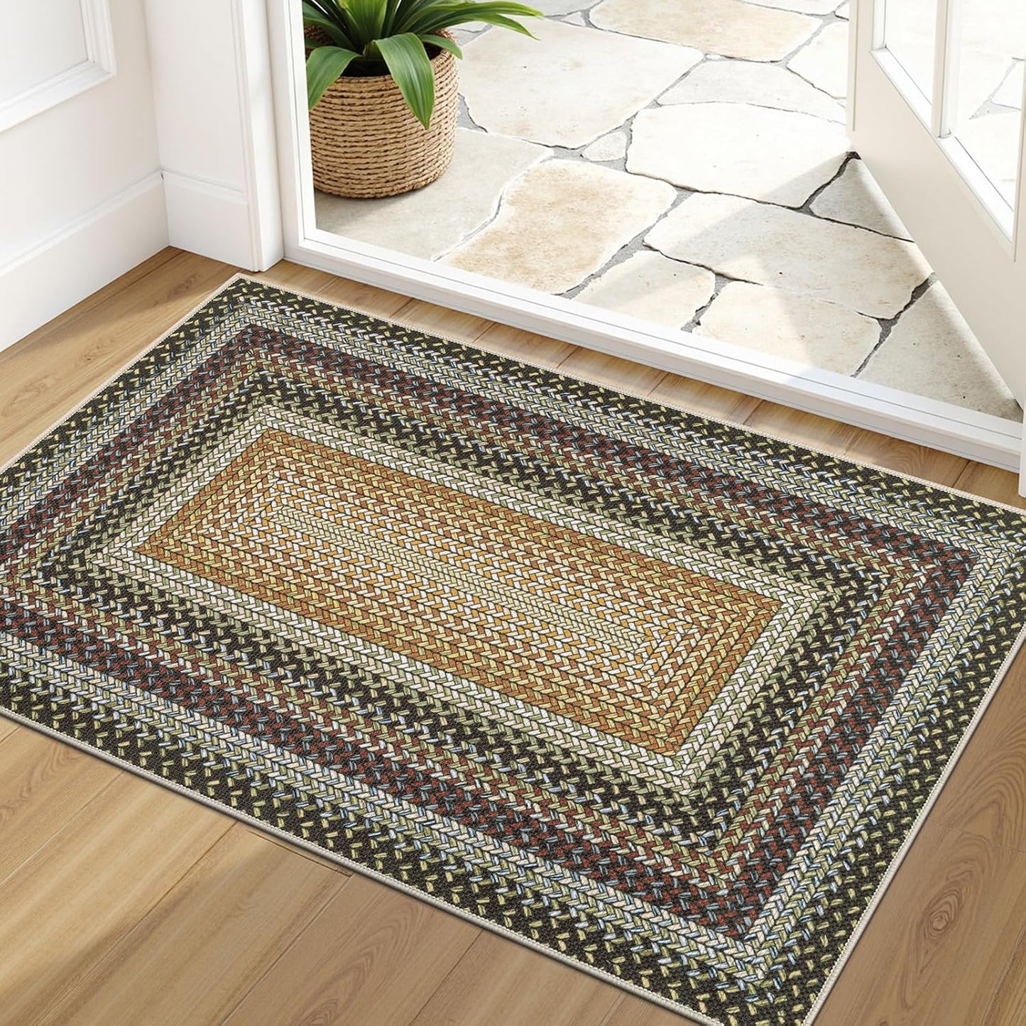 HEBE Faux Braided Area Rug Washable Farmhouse, No-Shed Non-Slip Woven Carpet, Pet Friendly Stain Resistant Jute Style Rug for Kitchen Bedroom Bathroom Entryway