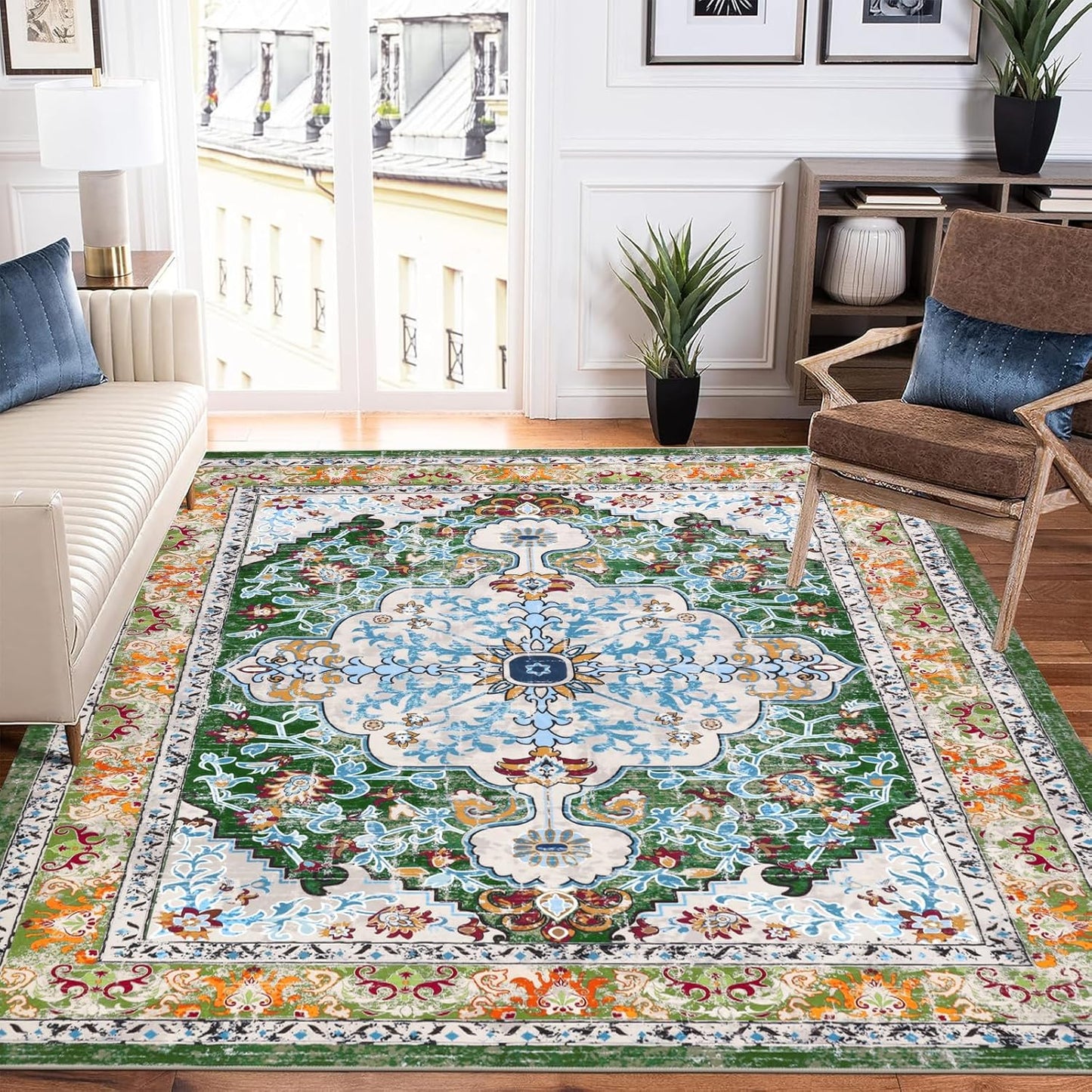 HEBE Boho Vintage Area Rug 5x7 Machine Washable Low Pile Soft Floor Carpet Non Slip Non Shedding Accent Rug for Living Room Bedroom Entryway Dining Room Office Green