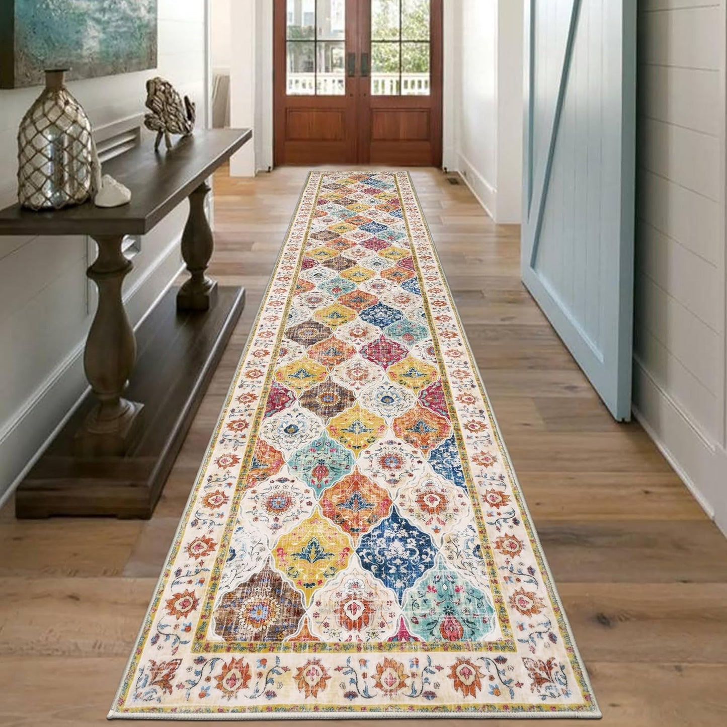 HEBE Hallway Runner Rug Washable Vintage Distressed Area Rugs Non Slip Laundry Rug Runner Boho Floor Carpet Runners for Hallways Entryway Laundry Room Kitchen Bathroom