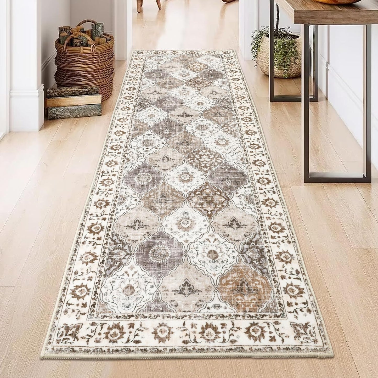 HEBE Hallway Runner Rug Washable Vintage Distressed Area Rugs Non Slip Laundry Rug Runner Boho Floor Carpet Runners for Hallways Entryway Laundry Room Kitchen Bathroom