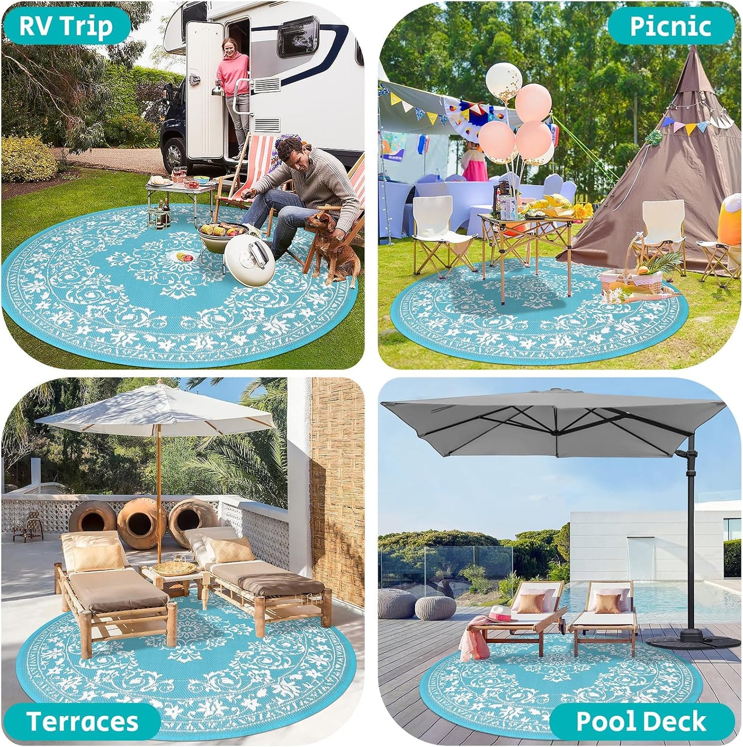 HEBE Round Outdoor Area Rug for Patios Clearance 6Ft Waterproof Mat Reversible Plastic Camping Door Mat
