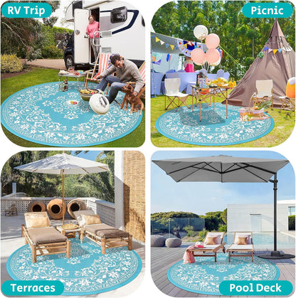 HEBE Round Outdoor Area Rug for Patios Clearance 6Ft Waterproof Mat Reversible Plastic Camping Door Mat