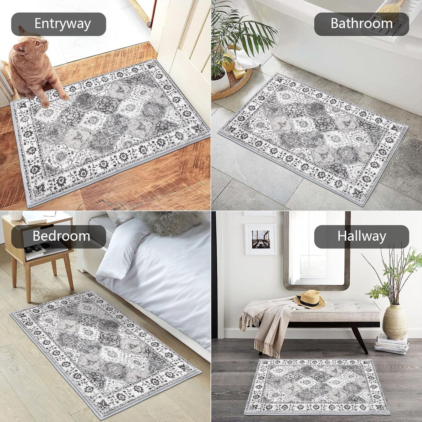 HEBE Washable Area Rug 2'x3' Non Slip Soft Distressed Medallion Bedroom Rug