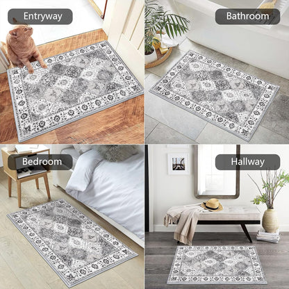 HEBE Washable Area Rug 2'x3' Non Slip Soft Distressed Medallion Bedroom Rug