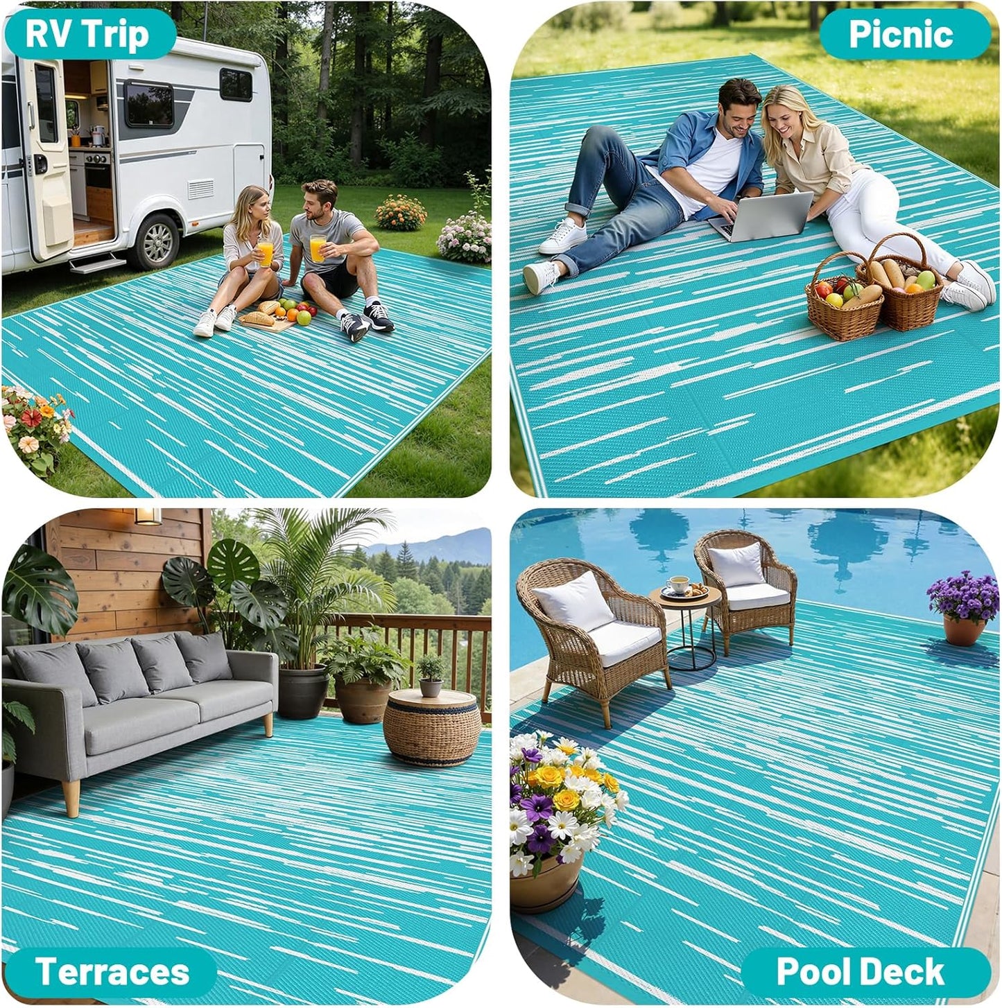 HEBE Outdoor Rug for Patios Clearance Waterproof Patio Mat Plastic Straw Rug Reversible RV Camping Tent Rug Outside Indoor Outdoor Area Rugs for RV,Deck,Beach,Balcony,Camper