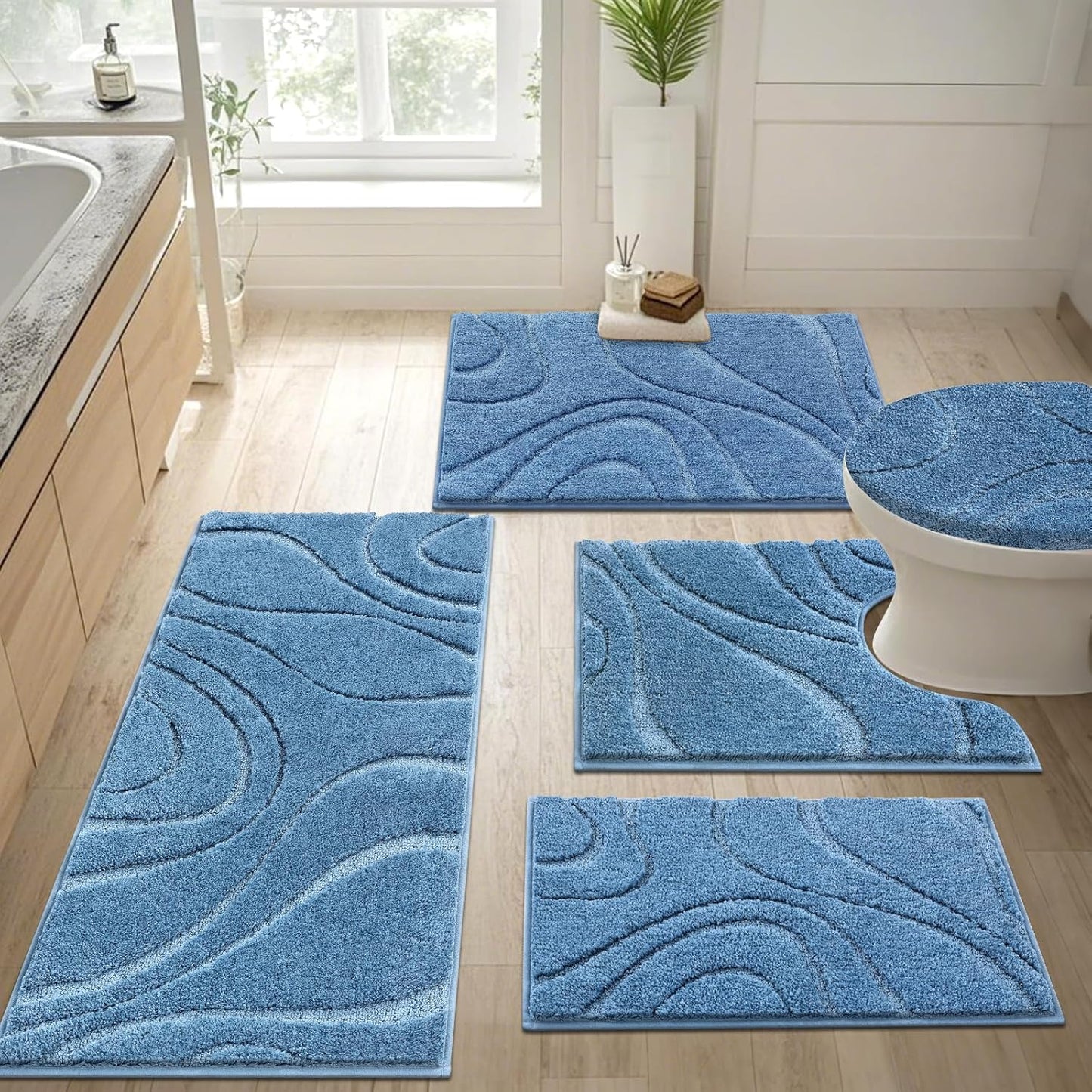 HEBE Bathroom Rugs Sets 5 Piece, Soft Absorbent Microfiber Bath Mat for Bathroom, Non Slip Washable Bath Rug Set with Toilet Cover, Bath Runner and U-Shaped Contour Toilet Rug