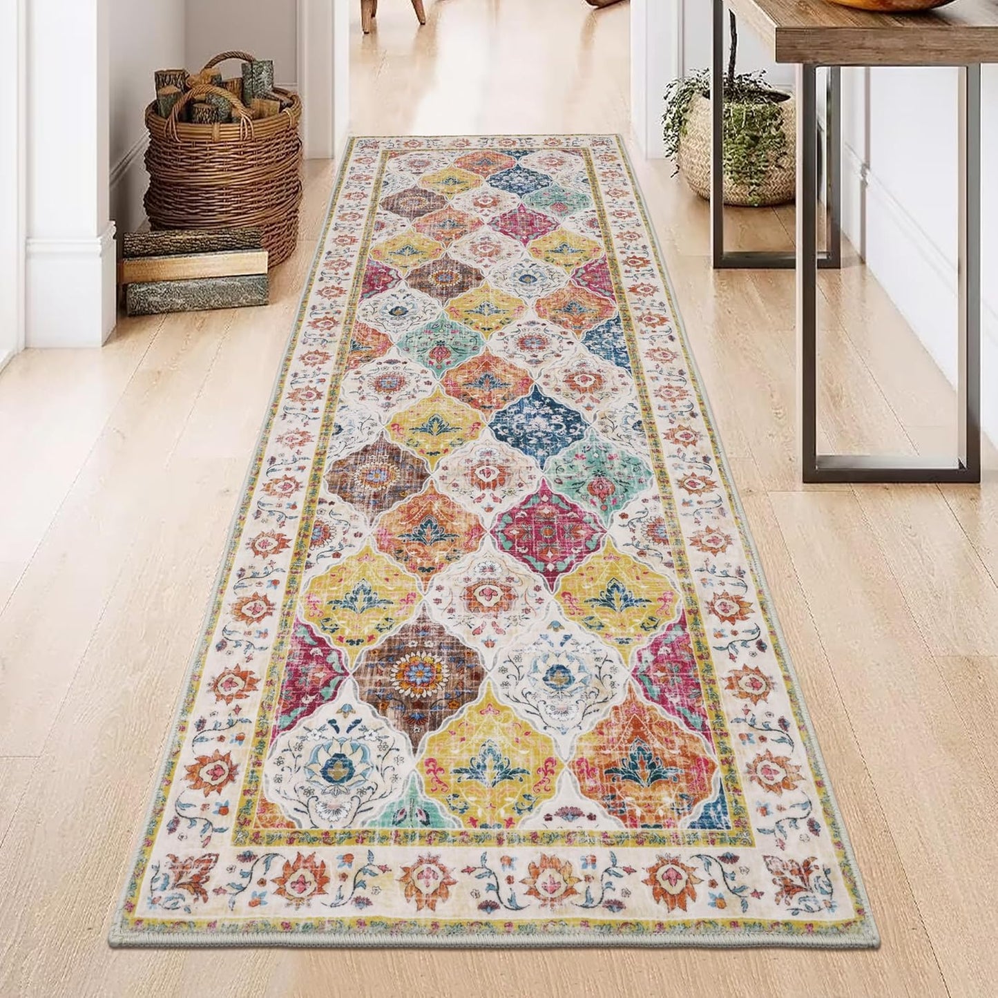HEBE Hallway Runner Rug Washable Vintage Distressed Area Rugs Non Slip Laundry Rug Runner Boho Floor Carpet Runners for Hallways Entryway Laundry Room Kitchen Bathroom