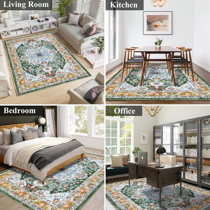 HEBE Boho Vintage Area Rug 5x7 Machine Washable Low Pile Soft Floor Carpet Non Slip Non Shedding Accent Rug for Living Room Bedroom Entryway Dining Room Office Green