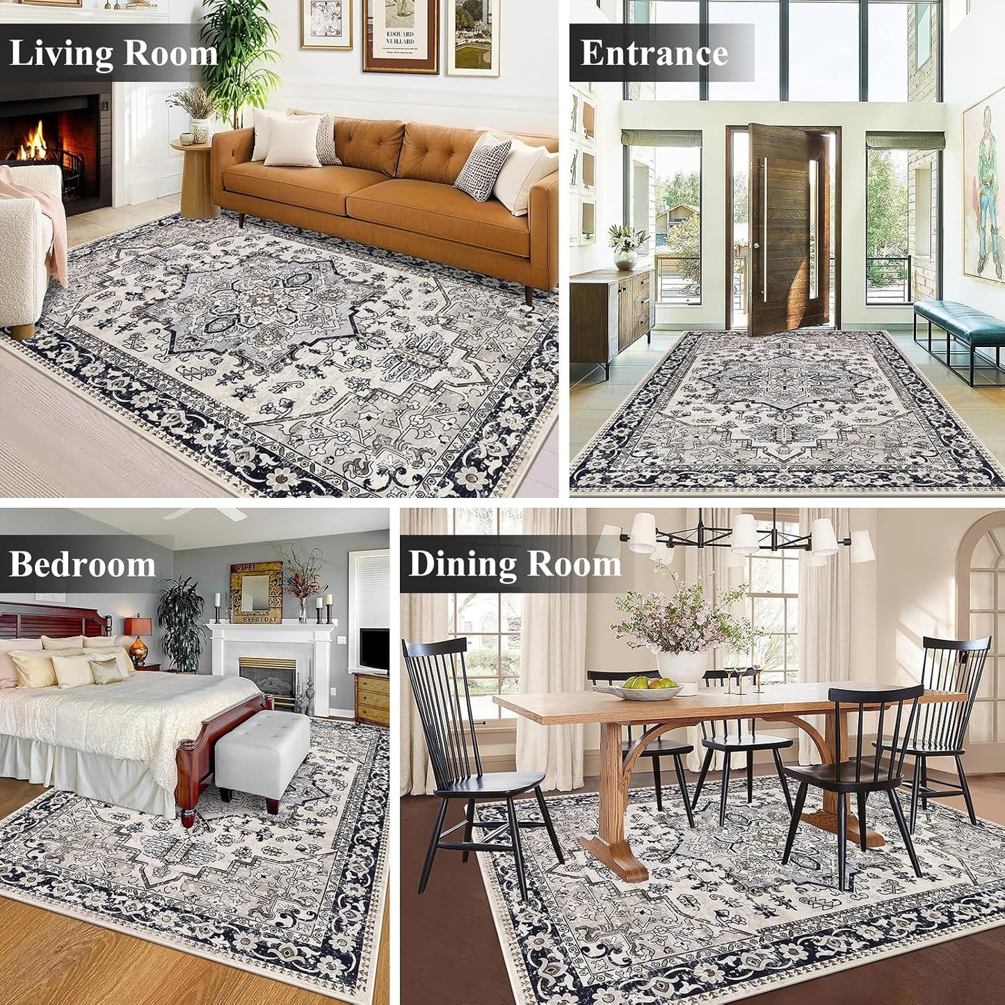 HEBE Washable Area Rug 5'x7', Non Slip Boho Rugs for Bedroom