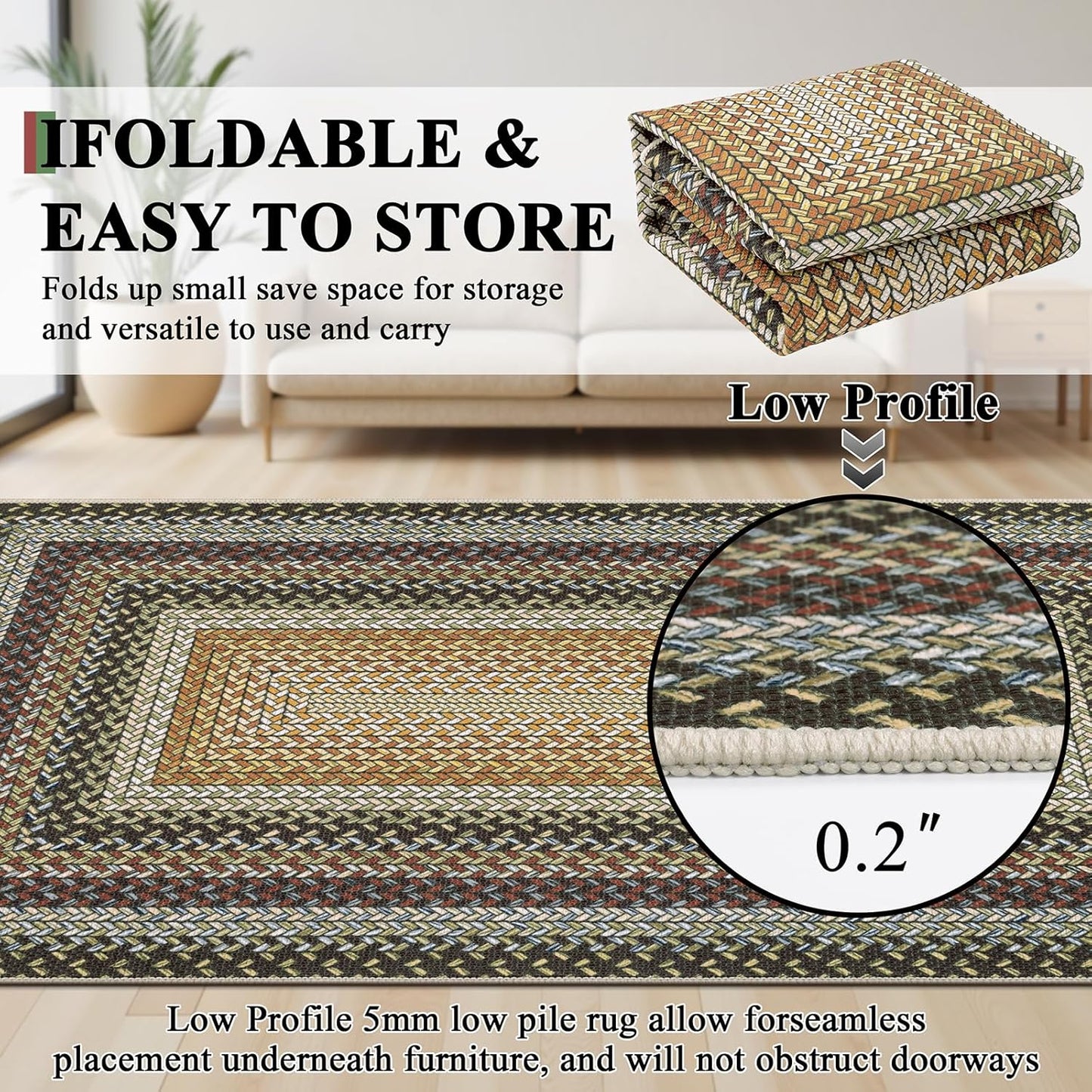 HEBE Faux Braided Area Rug Washable Farmhouse, No-Shed Non-Slip Woven Carpet, Pet Friendly Stain Resistant Jute Style Rug for Kitchen Bedroom Bathroom Entryway