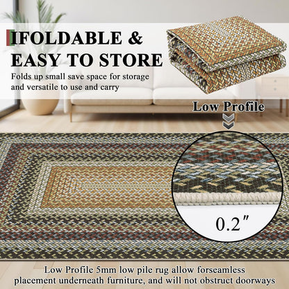 HEBE Faux Braided Area Rug Washable Farmhouse, No-Shed Non-Slip Woven Carpet, Pet Friendly Stain Resistant Jute Style Rug for Kitchen Bedroom Bathroom Entryway