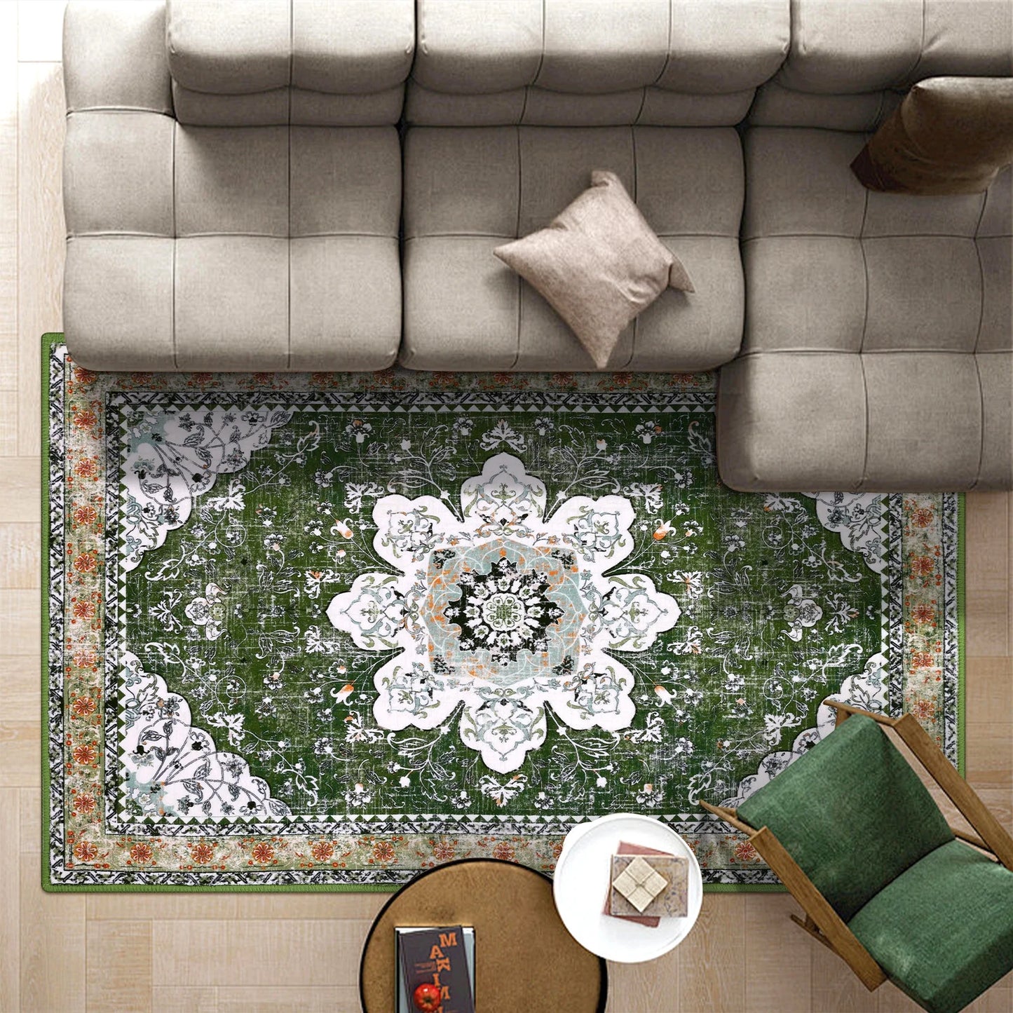HEBE Bohemian Vintage Area Rug Machine Washable Low-Pile Accent Carpet, Non-Shedding Non-Slip Living Room Floor Throw Rugs for Bedroom,Dining Room,Kids Playroom,Rv,Office(Green)