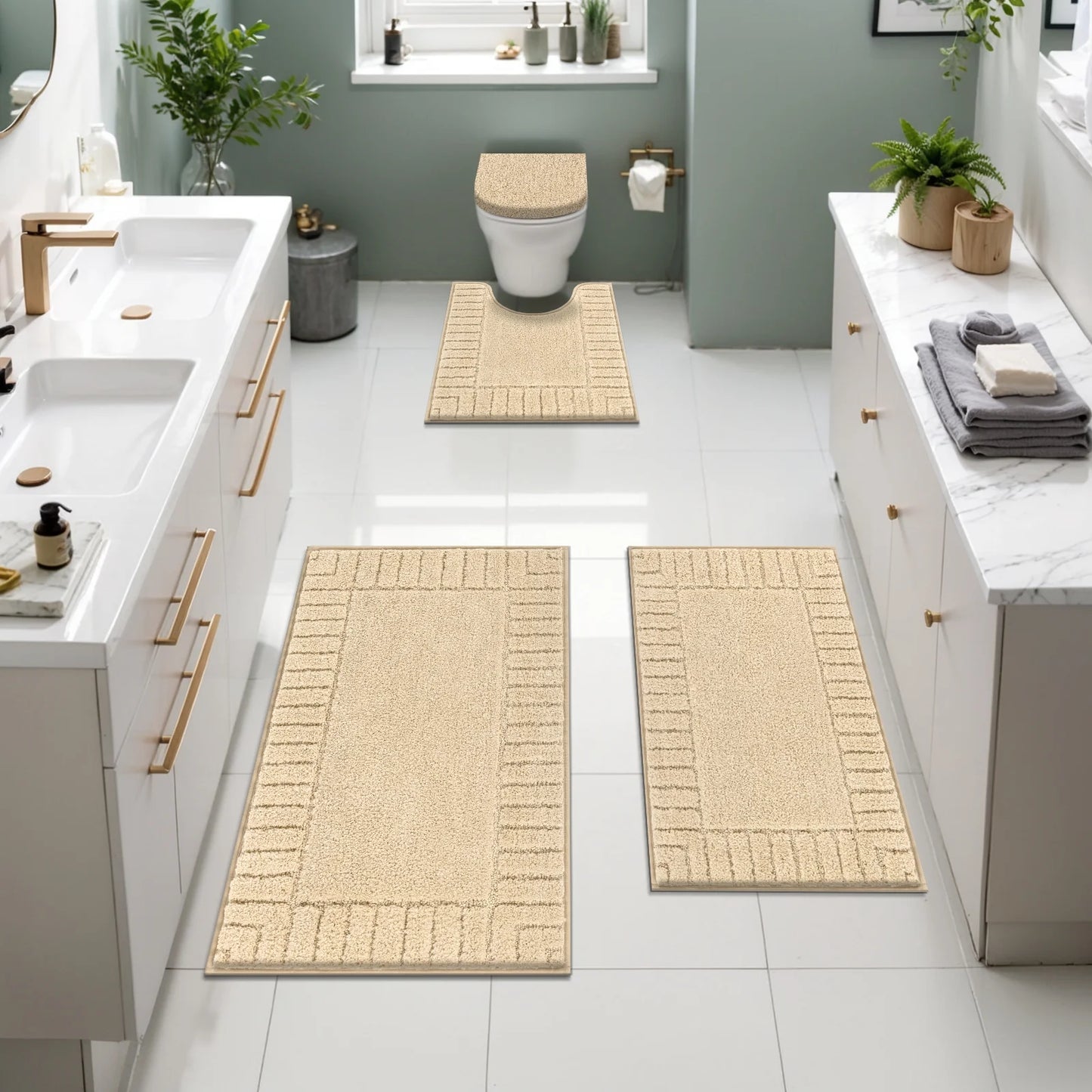 HEBE Bathroom Rugs Set of 4 Piece, Bath Mats, Microfiber Non Slip Shaggy Ultra Soft Bathroom Runner with U Shaped Contour Toilet Mat for Bathroom, Shower Inside Floor, Beige