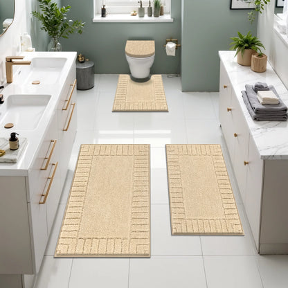 HEBE Bathroom Rugs Set of 4 Piece, Bath Mats, Microfiber Non Slip Shaggy Ultra Soft Bathroom Runner with U Shaped Contour Toilet Mat for Bathroom, Shower Inside Floor, Beige