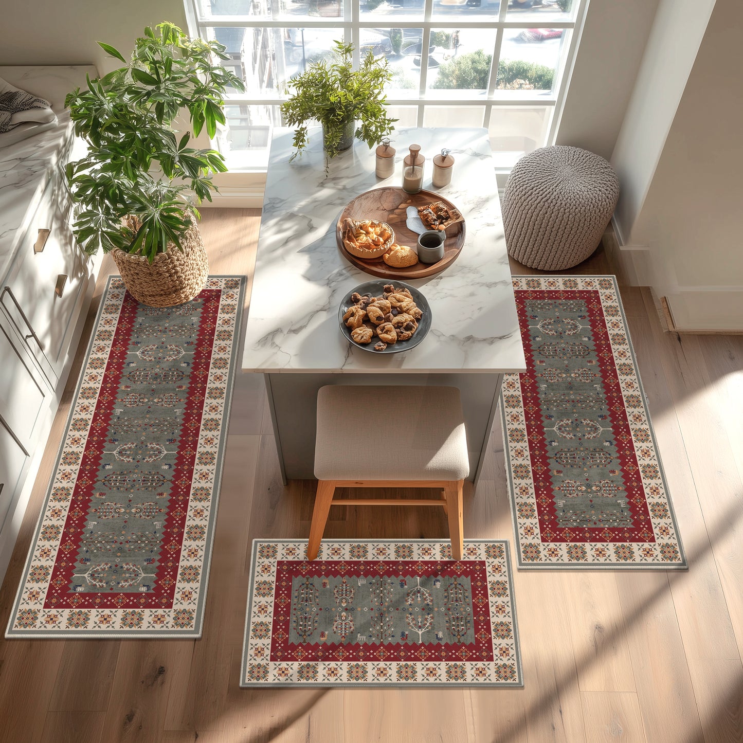 Kitchen Rug Set 3Pcs, Boho Rug Sets Non Slip Washable for Floor Thick Farmhouse Kitchen Decor Runner Rugs