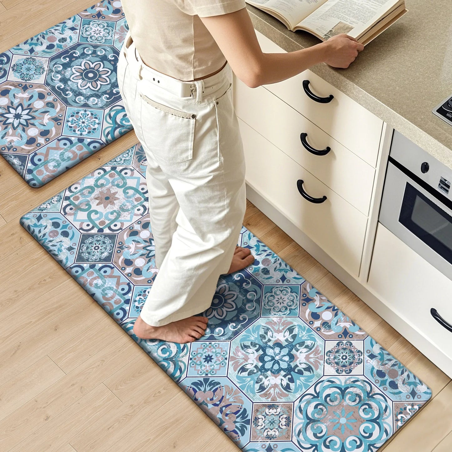 HEBE Boho Kitchen Rug Set of 2, Non-Slip Anti-Fatigue Waterproof Cushioned Mat for Kitchen, Dining & Laundry Room, 18"x30"+18"x48"