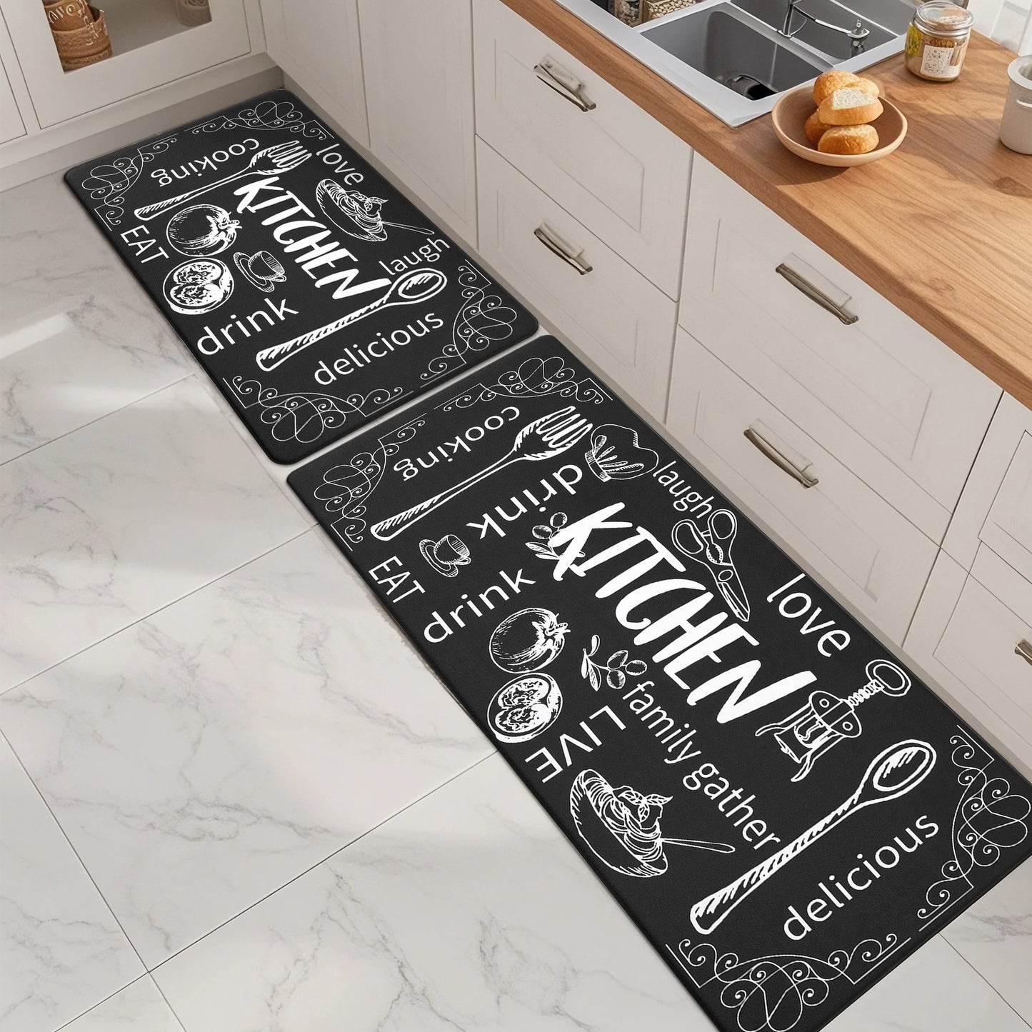 HEBE Farmhouse Kitchen Rug Set of 2, Non-Slip Anti-Fatigue Waterproof Cushioned Mat for Kitchen, Dining & Laundry Room, 18"x30"+18"x48"