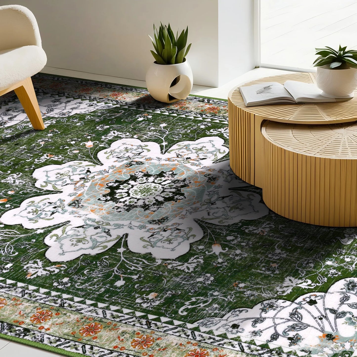 HEBE Bohemian Vintage Area Rug Machine Washable Low-Pile Accent Carpet, Non-Shedding Non-Slip Living Room Floor Throw Rugs for Bedroom,Dining Room,Kids Playroom,Rv,Office(Green)