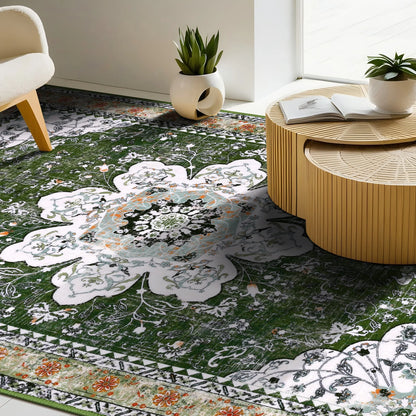 HEBE Bohemian Vintage Area Rug Machine Washable Low-Pile Accent Carpet, Non-Shedding Non-Slip Living Room Floor Throw Rugs for Bedroom,Dining Room,Kids Playroom,Rv,Office(Green)