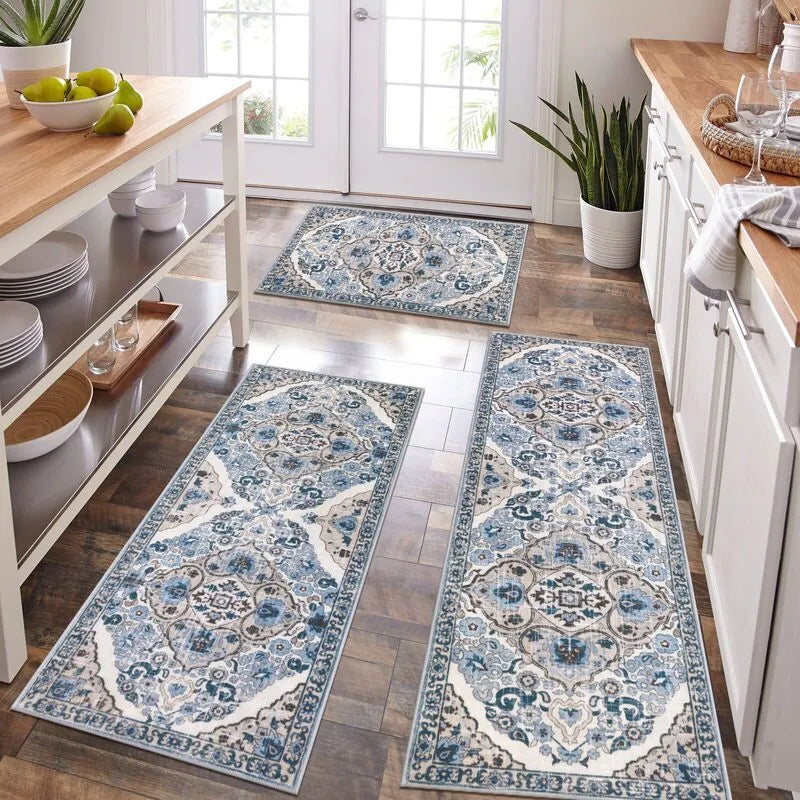 AR001924bluebohemian3piecekitchenrunnerrugsetwashablefloormatforAmericanhouseHEBE RUGS