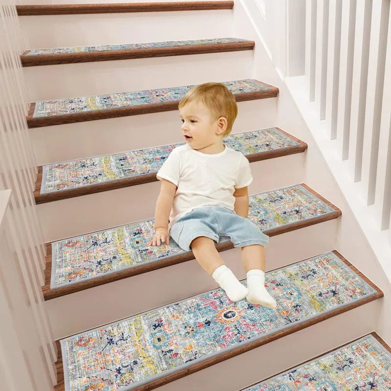 15 Pack Colorful Non Slip Vintage Stair Treads Carpet Set