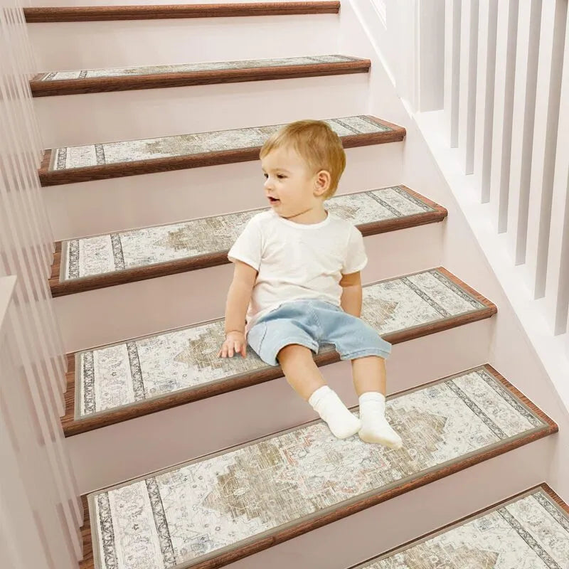 15 Pack Beige Vintage Non Slip Stair Treads Carpet Set