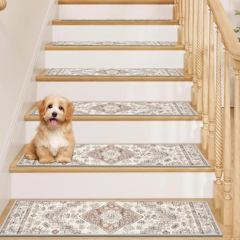 15 Pack Vintage Oriental Non Slip Stair Treads Carpet Set