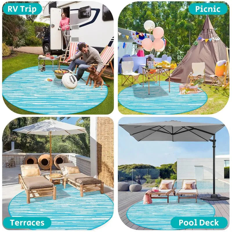 AR004122blue8ftroundversatileoutdoorarearugplasticstrawmatforpatioRVpoolheberug