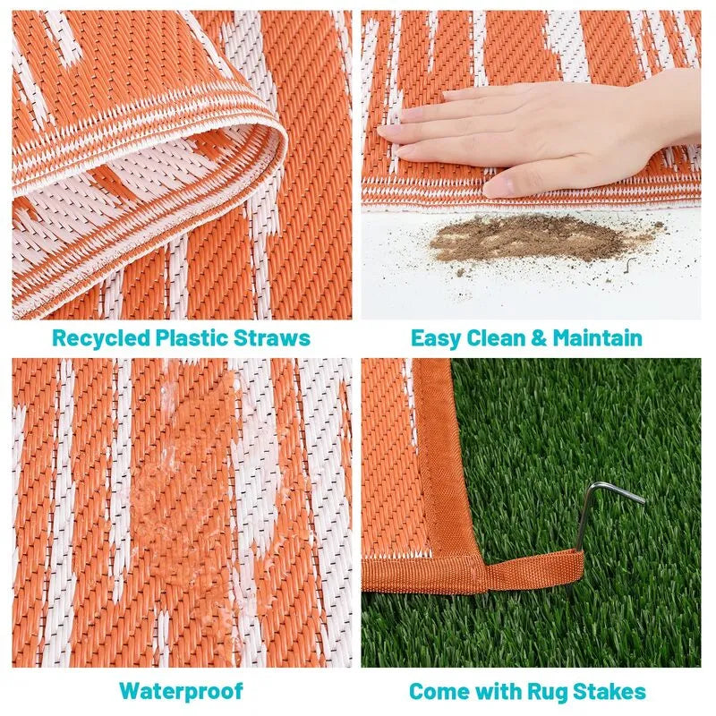 AR004124_orange_8x10_plastic_straw_rug_recycled_material_waterproof_with_rug_stakes_heberug