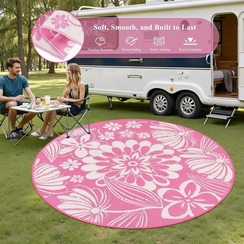 AR004224 pink 6ft round RV camping rug outdoor plastic straw mat for campsite travel heberug