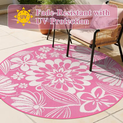AR004224 pink 6ft round outdoor rug UV protected fade resistant plastic straw beach carpet heberug