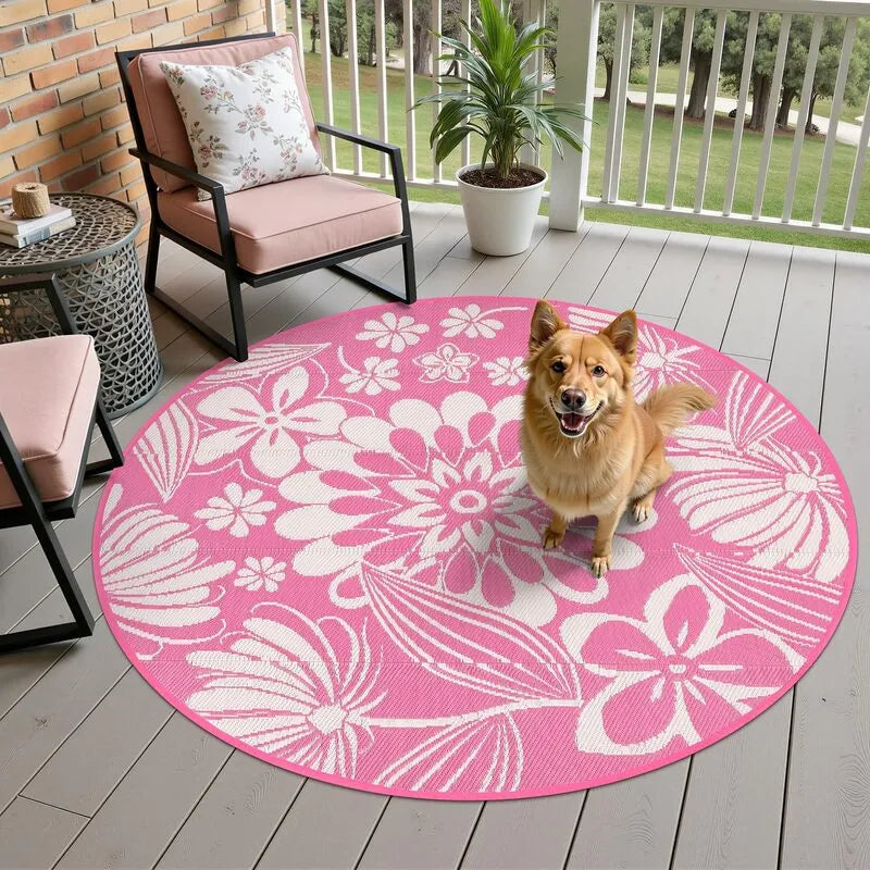 AR004224 pink 6ft round pet friendly outdoor rug plastic straw mat dog on patio porch heberug