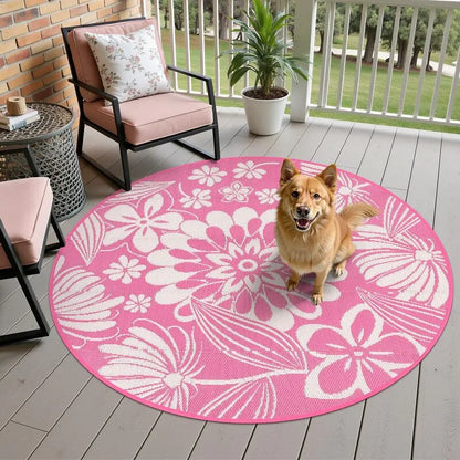 AR004224 pink 6ft round pet friendly outdoor rug plastic straw mat dog on patio porch heberug