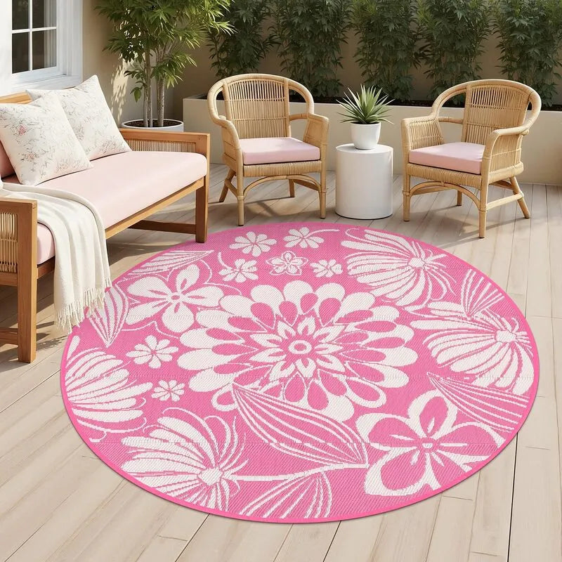 AR004224 pink 6ft round porch rug floral plastic straw mat outdoor deck carpet US home heberug