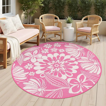 AR004224 pink 6ft round porch rug floral plastic straw mat outdoor deck carpet US home heberug