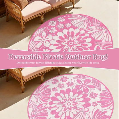 AR004224 pink 6ft round reversible patio rug plastic straw mat dual side floral carpet heberug