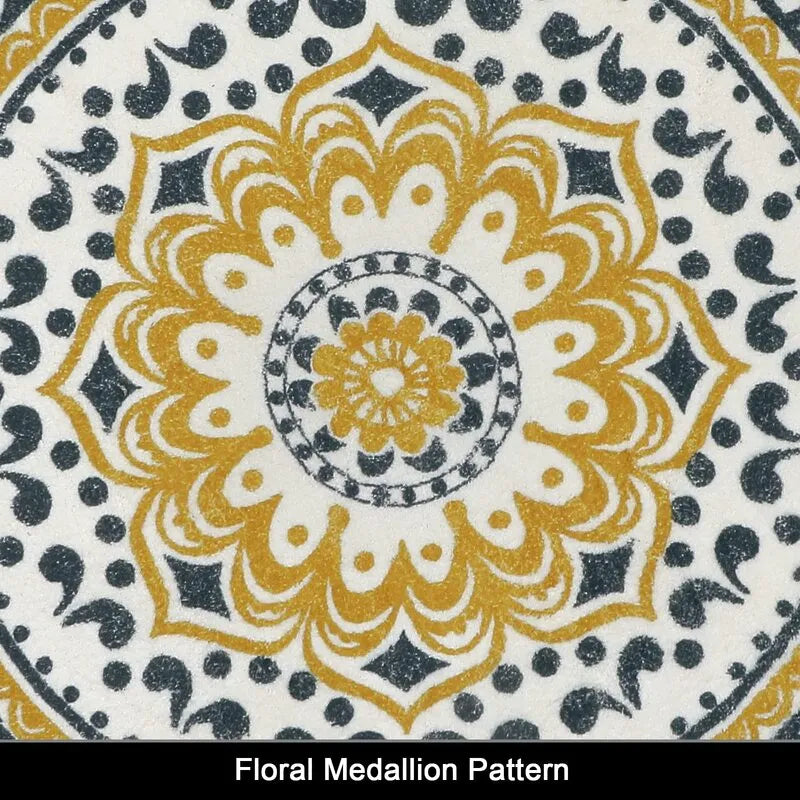 AR006501yellowfloralmedallionroundrugbohomandalacarpetpatterntopviewHEBE RUGS