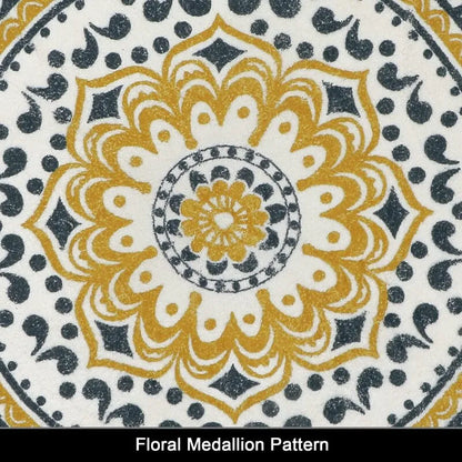 AR006501yellowfloralmedallionroundrugbohomandalacarpetpatterntopviewHEBE RUGS