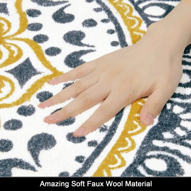 AR006501yellowsoftfauxwoolroundarearug4ftplushbohocarpettexturedetailHEBE RUGS