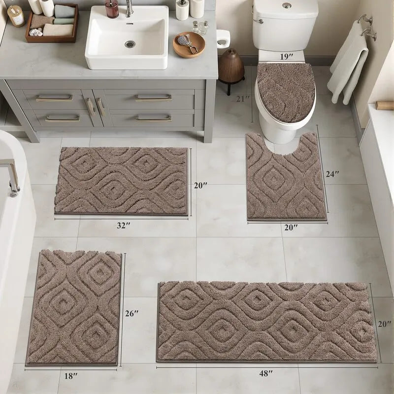 5 Piece Geometric Non Slip Plush Bathroom Rug Set