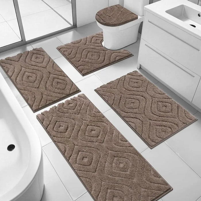 5 Piece Geometric Non Slip Plush Bathroom Rug Set