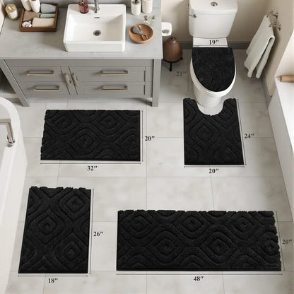 AR006683_black_5_piece_bathroom_rug_set_size_guide_20x48_runner_u_shape_toilet_lid_cover_mat_set_HEBE RUGS