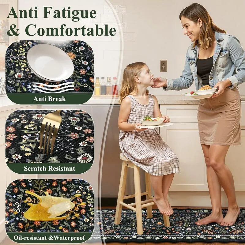 Vintage Floral Scalloped Anti-Fatigue Kitchen Runner Mat Set