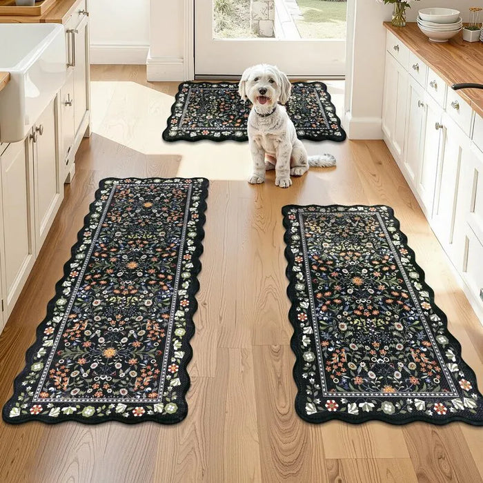 Vintage Floral Scalloped Anti-Fatigue Kitchen Runner Mat Set