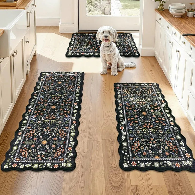Vintage Floral Scalloped Anti-Fatigue Kitchen Runner Mat Set